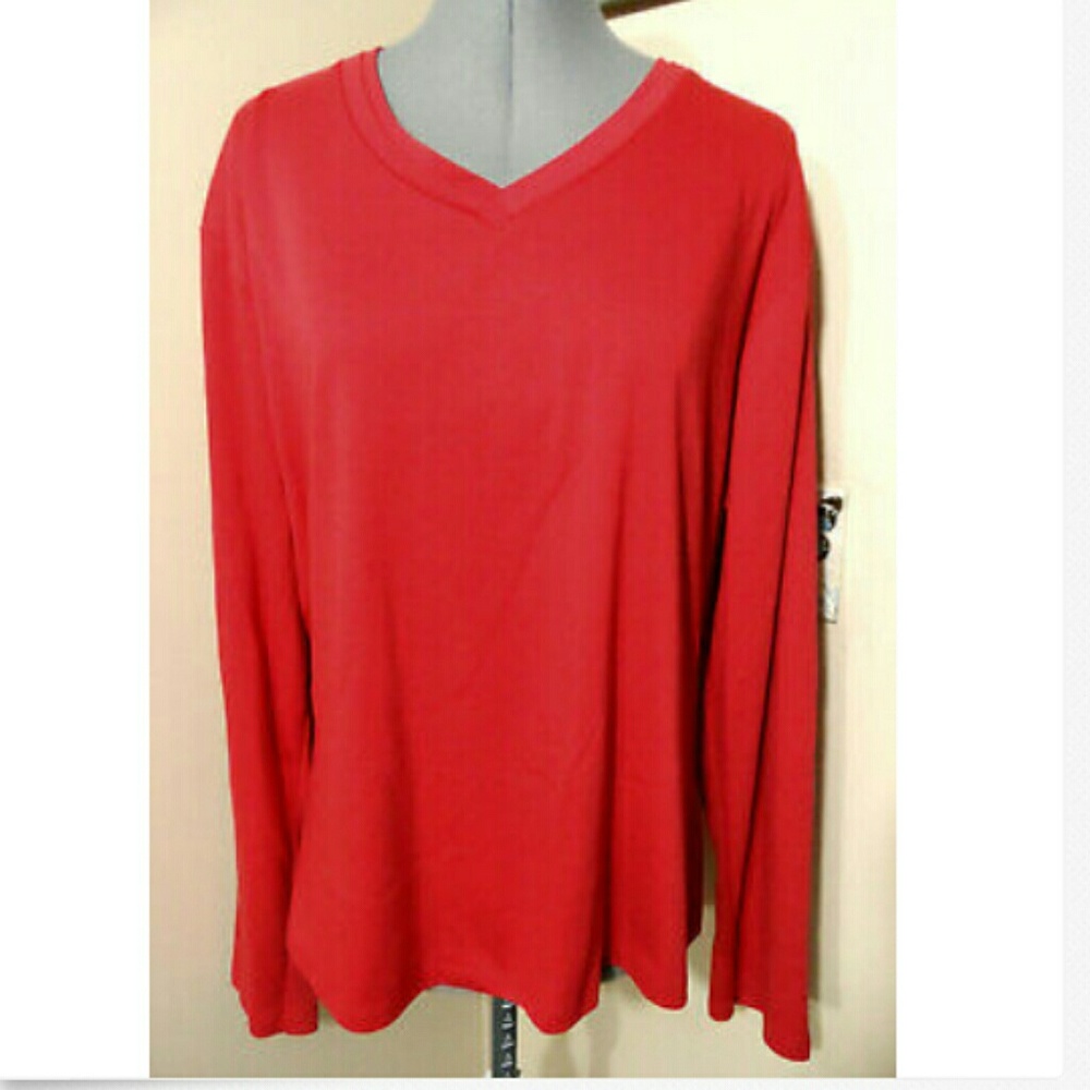 COMPLIMENTS Fancy V-Neck T-shirt Top Plus 1X Red Long sleeve stretch fit